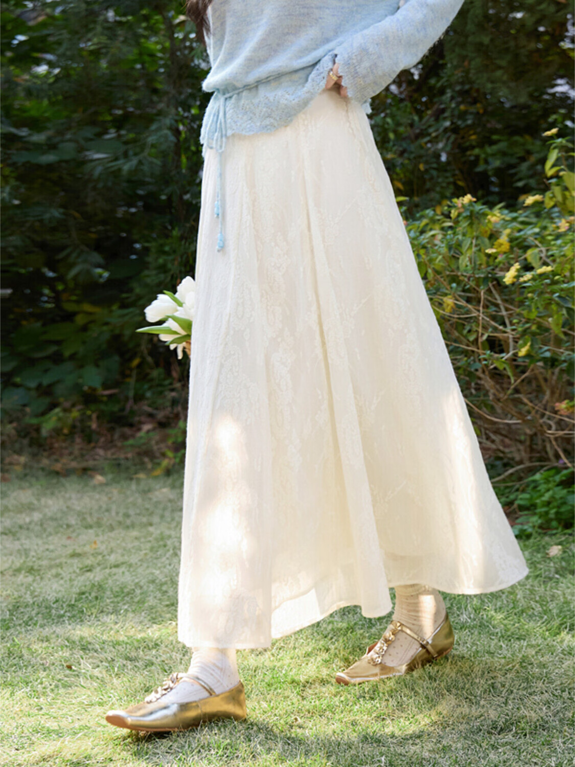 鹿向南「雾蓝花信」法式气质蓝色针织衫女春季高级慵懒感罩衫上衣 杏色 半身裙 L