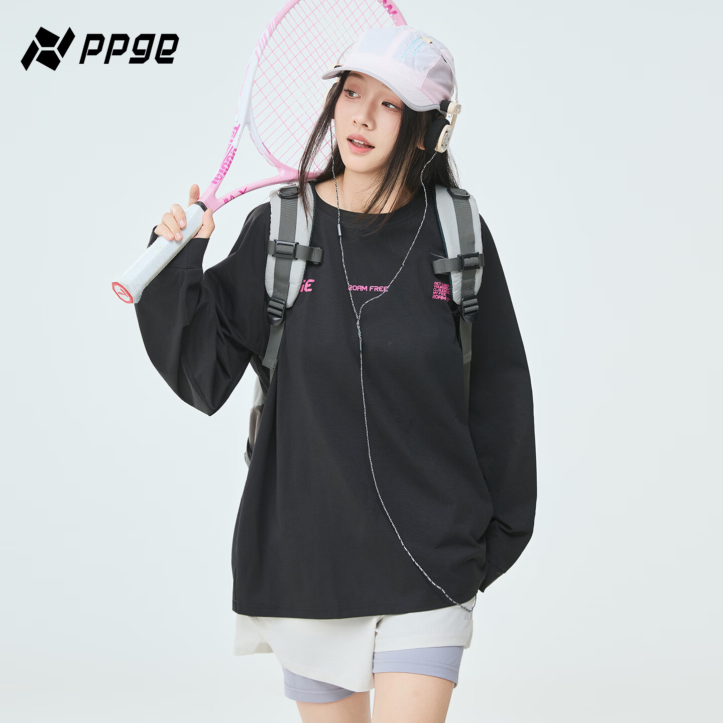 PPGE速干衣春秋防晒抑菌透气长袖上衣打底衫男女同款字母印花速干t恤 曜石黑 S