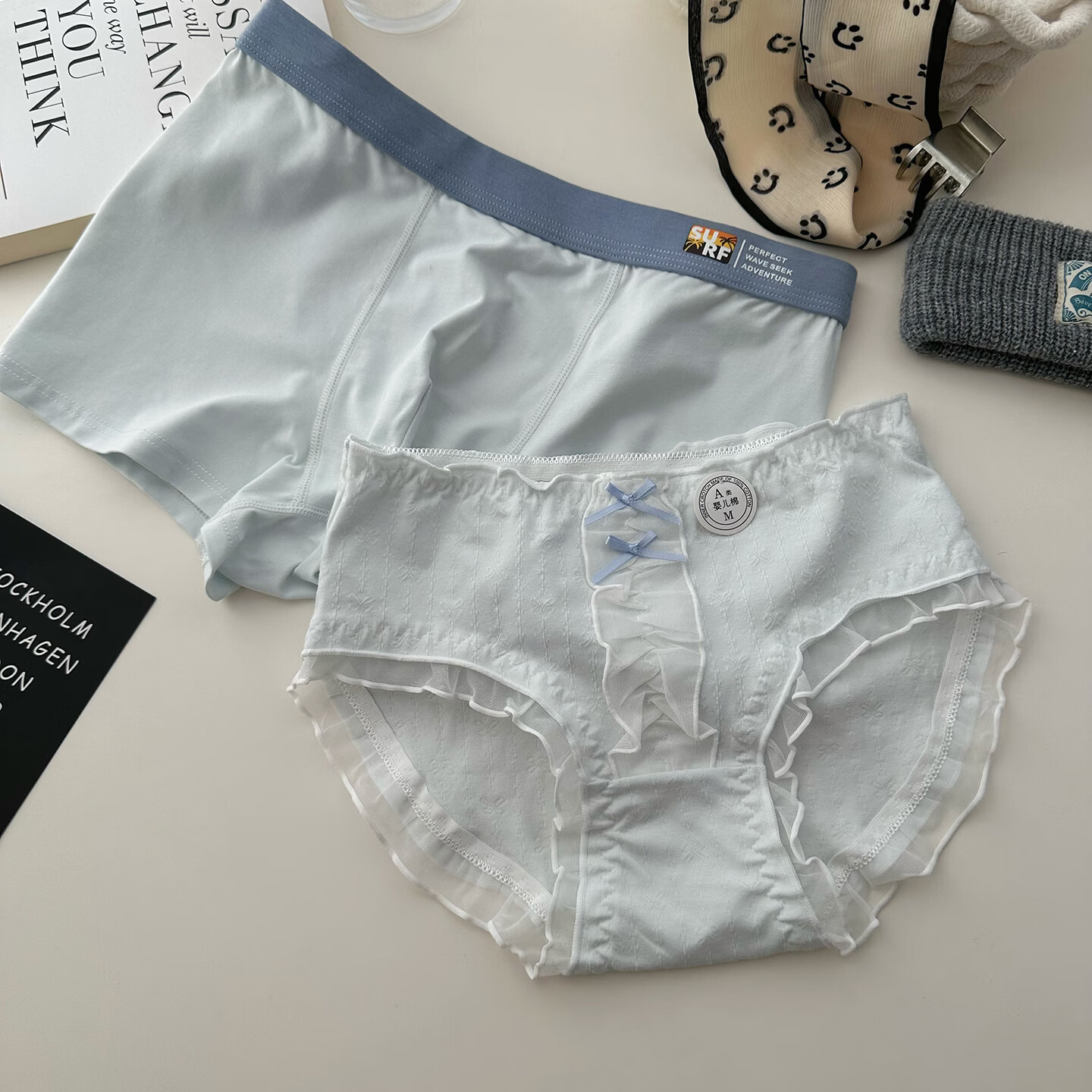 羅亨士情侣内裤纯棉一男一女生双人短裤性感蕾丝边可爱透气舒适平角内裤 刺绣花情侣款 2XL 男+女L码