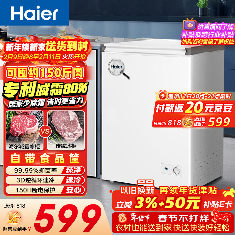 海尔（Haier）100L单温冰柜小型家用小冰柜减霜一级能效冷藏冷冻转换深冷冷柜小冰箱BC/BD-100GHW9D国家补贴