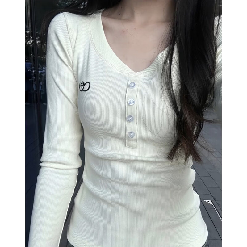 RVFAN2026春季新款设计感V领长袖T恤女短款美式修身上衣韩版休闲 杏白色 L 【106-118斤】 京东折扣/优惠券