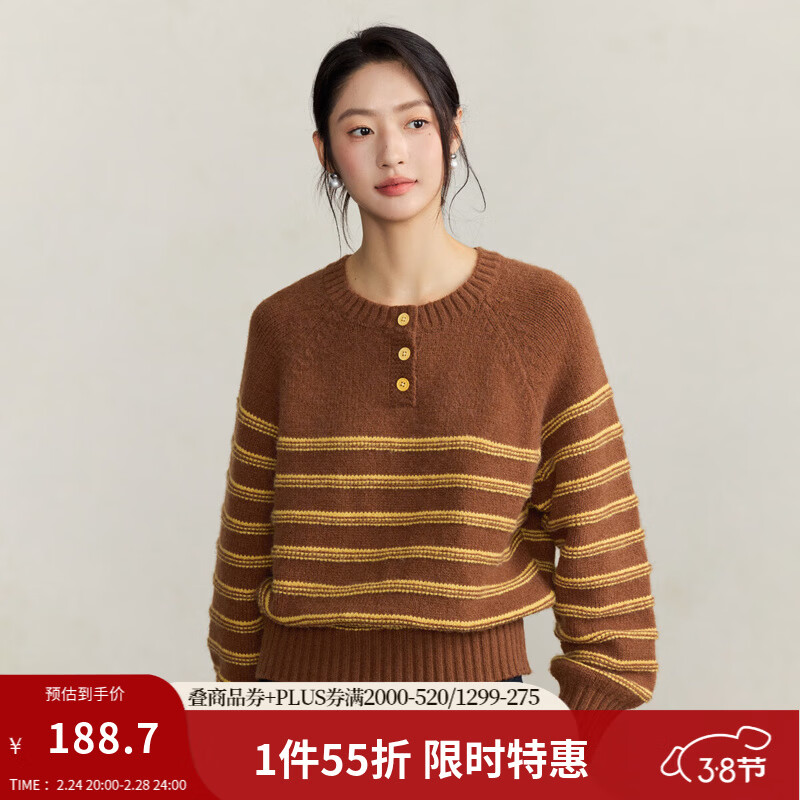 茵曼（INMAN）时尚撞色条纹套头毛衣女2025秋冬款慵懒风复古百搭圆领针织衫 棕色黄条 M