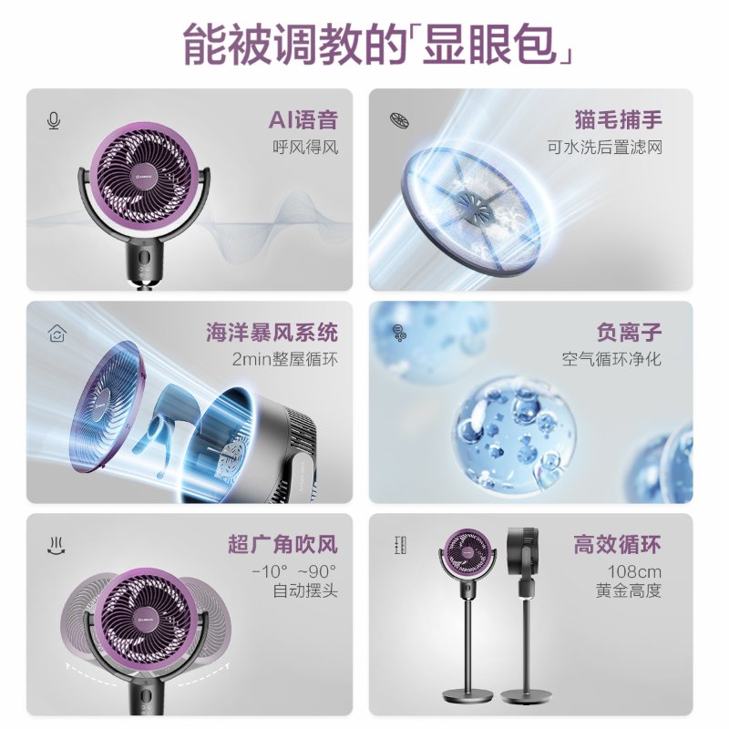 艾美特（AIRMATE） 空气循环扇落地扇3D立体风空气对流节能电风扇家用风扇 AI语音智控/负离子净化/猫毛滤网/全自动摆头
