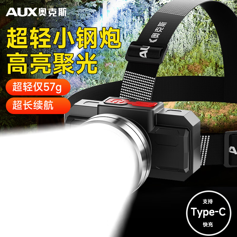 奥克斯（AUX）轻便小头灯超亮头戴式强光充电长续航小型钓鱼专用登山夜钓赶海 【迷你小型头灯】白光爆亮
