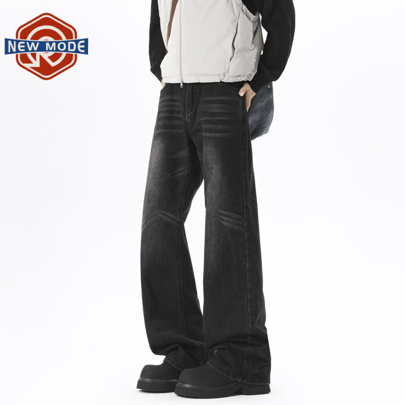 NEW OR MODE美式微喇高街水洗牛仔裤男春秋潮牌新款宽松复古阔腿百搭直筒长裤 黑色【高品质】 M 【建议90-110斤】