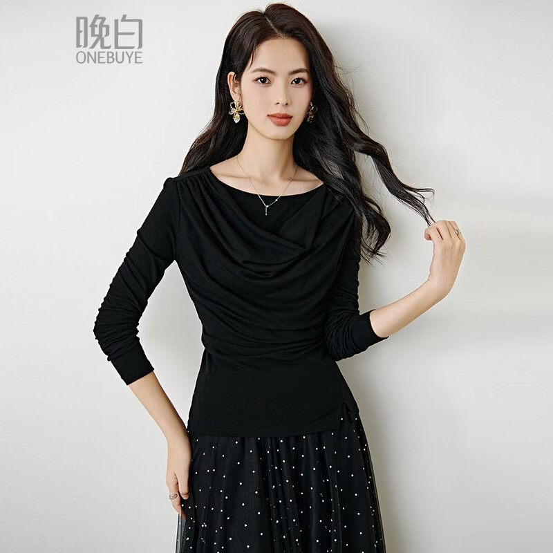 晚白【新品】2026年春款时尚堆堆领上衣亲肤柔软修身舒适T恤衫女 黑色 XL