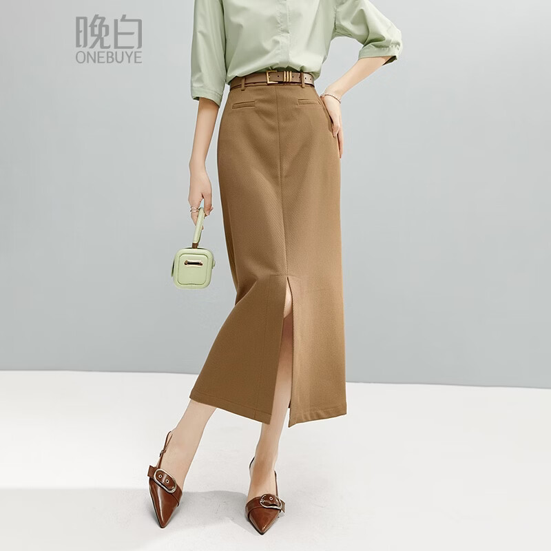 晚白【新品】2026春款知性直筒长裙高腰修身气质通勤百搭半身裙 驼色 S