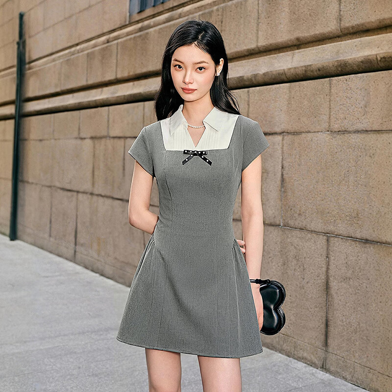 乐町通勤连衣裙女26年夏季新款收腰短裙 丁香灰(现货) M