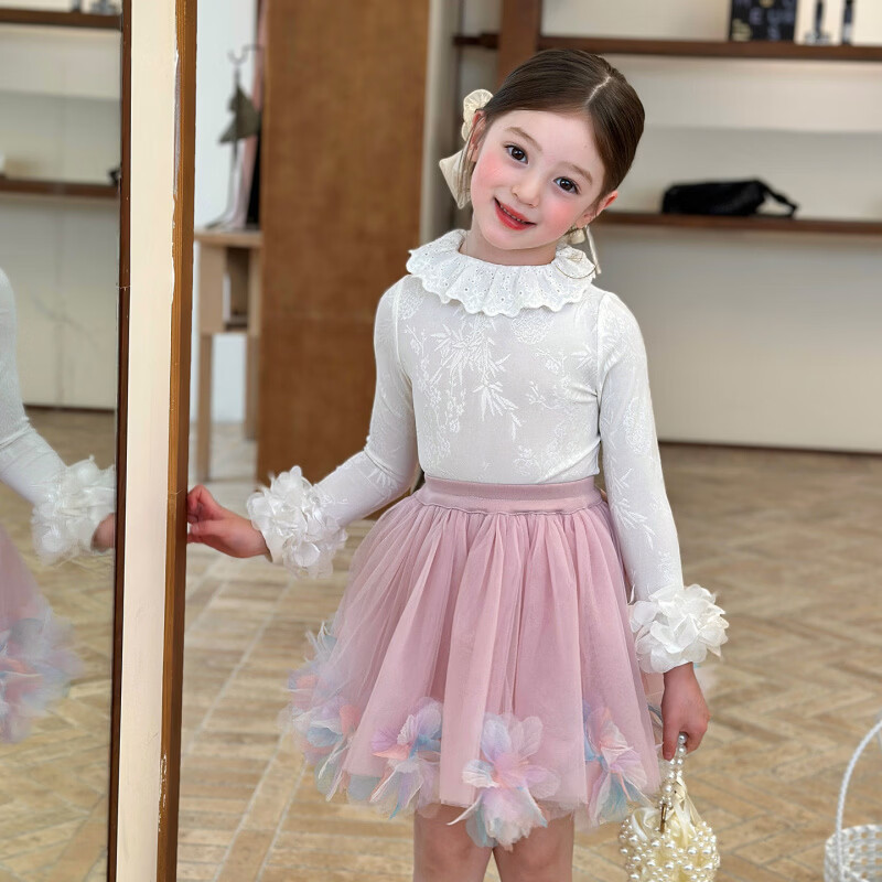 栀了成长记童装女童新中式百搭打底衫2026春季儿童花边领休闲上衣 粉色 半身裙 130 cm