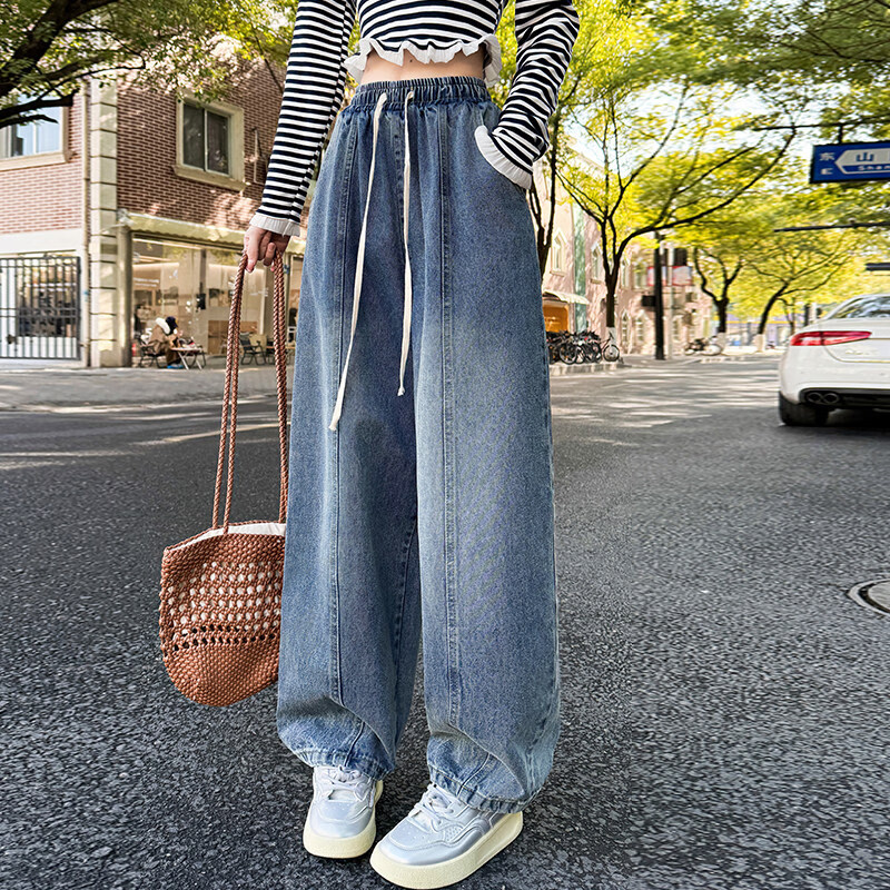 MODX高腰大尺寸镰刀阔腿牛仔裤2025春夏新胖姐姐宽松修身看直弯裤 浅蓝色 S 80-95斤