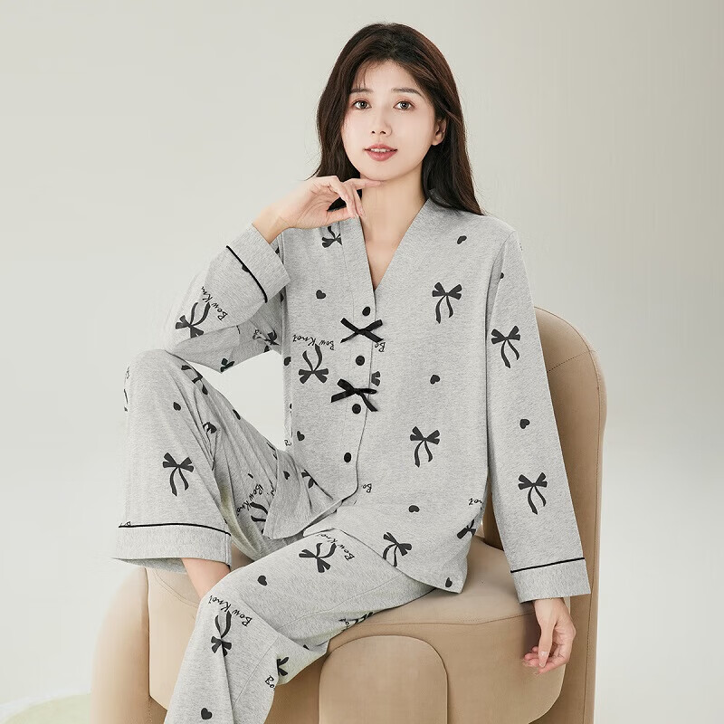 芬腾睡衣女【纯棉】V领开衫长袖蝴蝶结少女家居服套装 灰色 L
