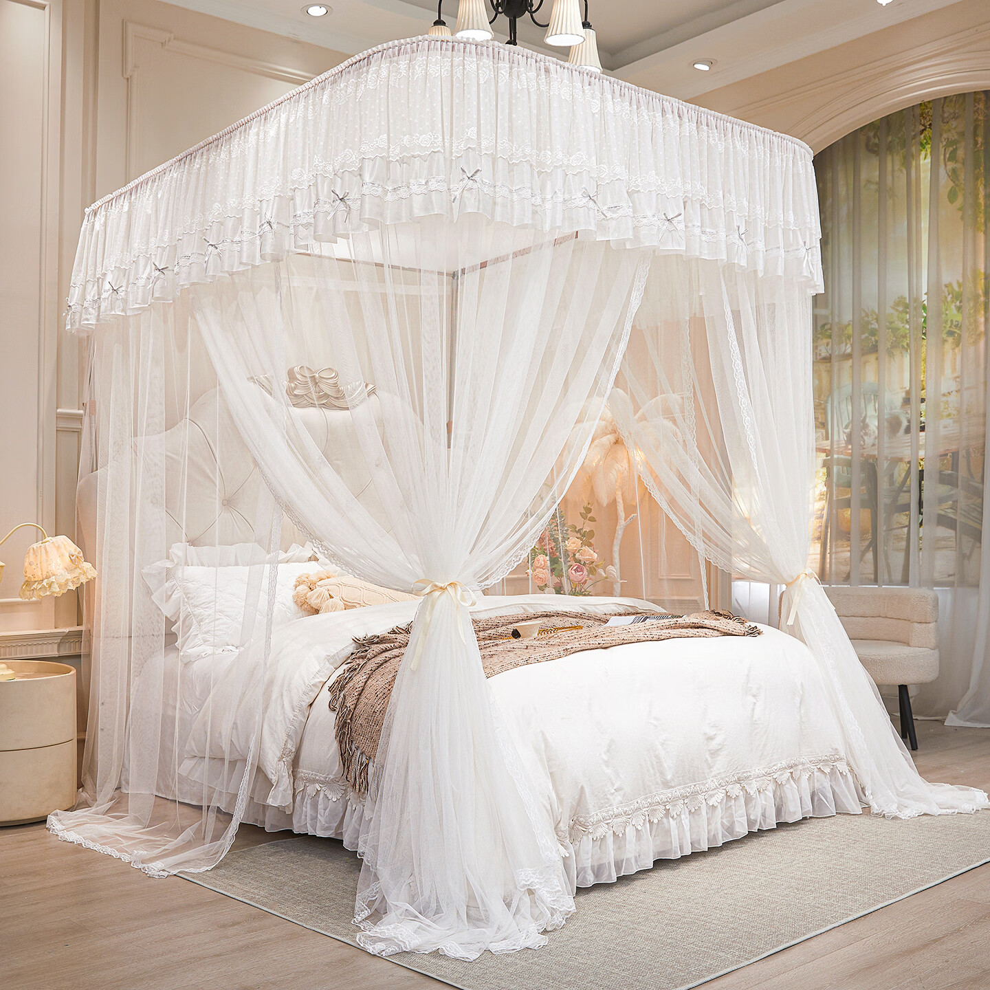 无印良品u型导轨蚊帐1.8x2米家用免安装2026新款蕾丝落地全包围防蚊一体式 花香其乐-婚纱白【随意调高度 滑轮不卡顿】 120cm*200cm*210cm 【加粗支架 铝合金导轨】