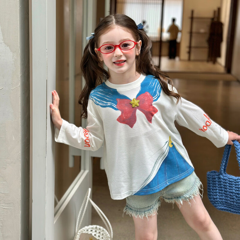 栀了成长记女童装百搭宽松撞色上衣2026春季儿童长袖可爱印花T恤 白色 上衣 100 cm