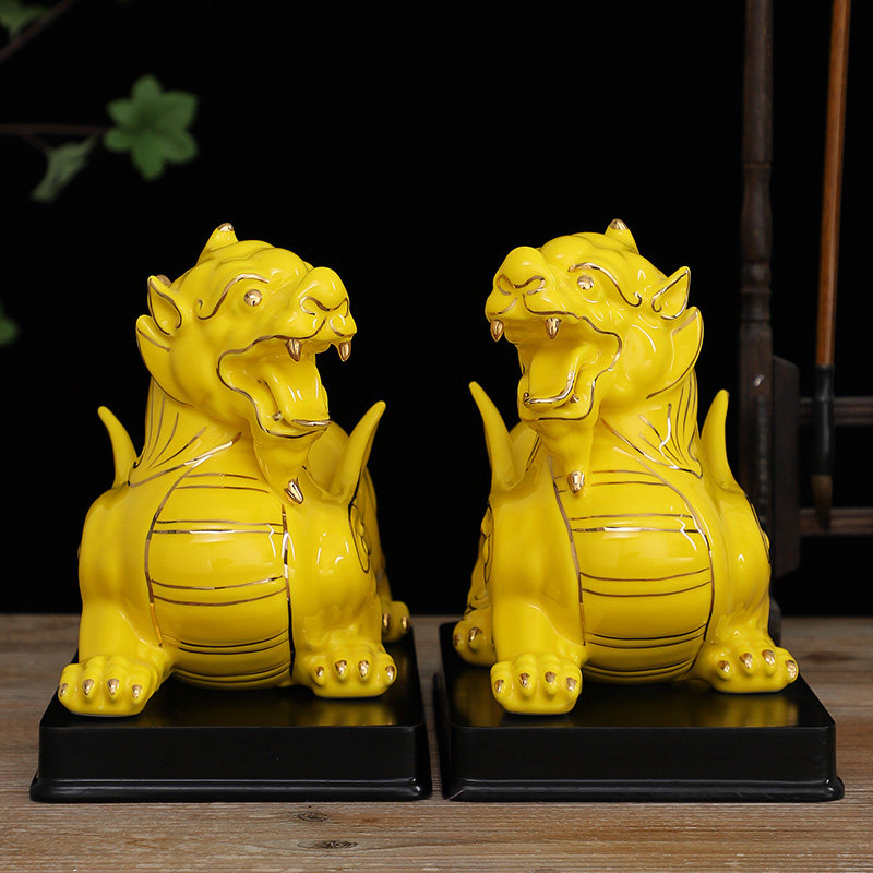陶瓷貔貅摆件一对 公司纳财 客厅好运 店铺开业吉祥摆件工艺礼品 黄色(4号)招财貔貅描金/雌雄一对