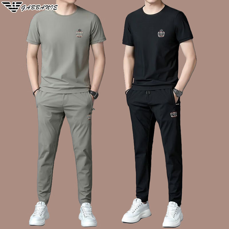 阿玛尼（ARMANI）意大利正品男士休闲运动套装夏季圆领冰丝短袖男T恤中青年两件套 国际一线品牌AG_F9803灰绿_收脚 2XL 180_【建议150-165斤】