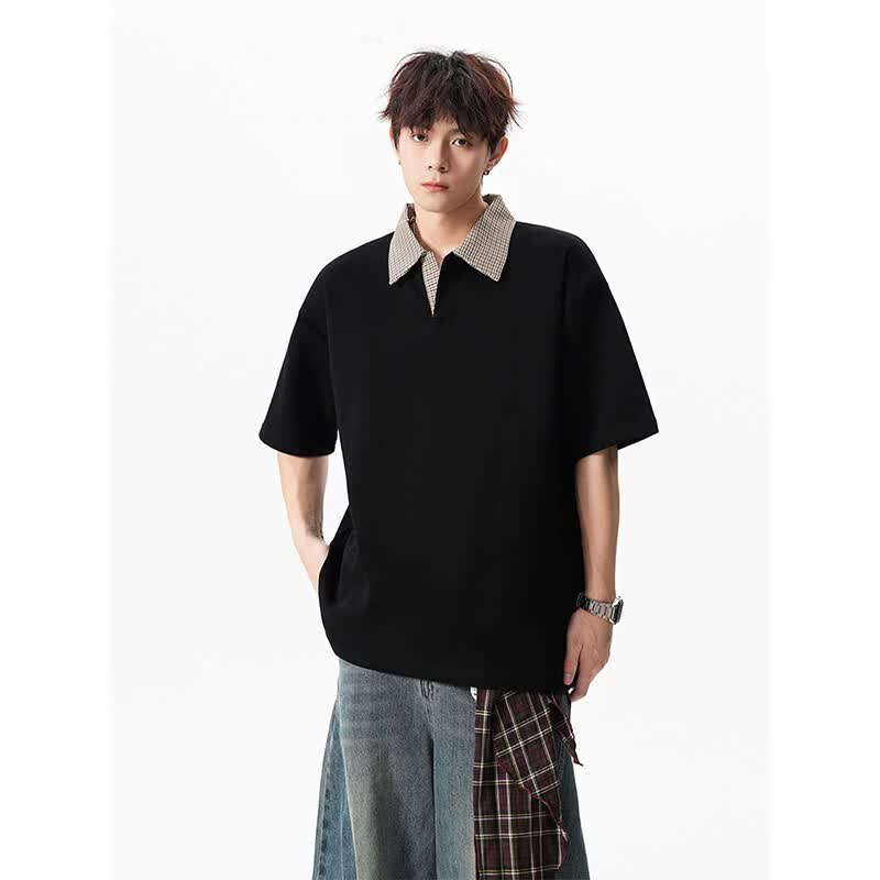 MONPOC美式千鸟格拼接polo衫短袖男款春夏季宽松翻领t恤衫MOT14黑色3XL
