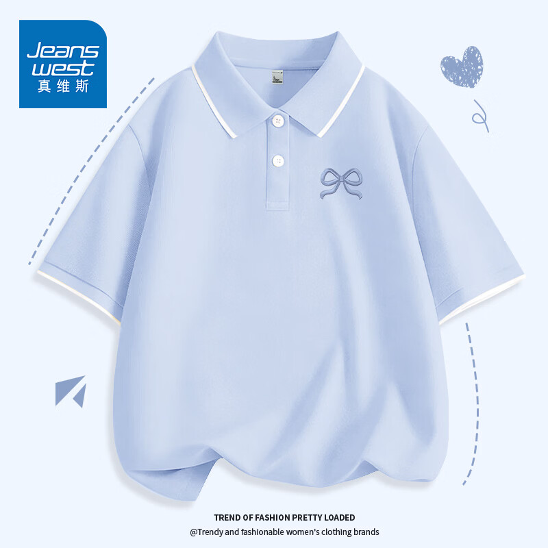 真维斯（Jeanswest）polo衫t恤女夏季宽松翻领短袖女士运动服打底半袖休闲商务风上衣 蓝色 优雅蝴蝶结_K M