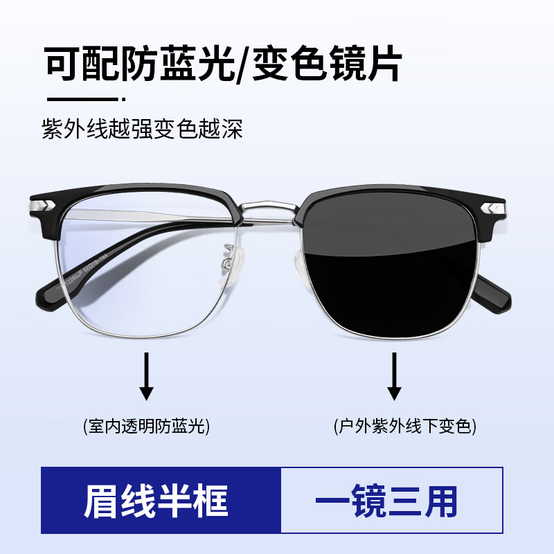 特瞳话半框眼镜男款近视可配度数高级感痞帅商务眉线眼睛框眼镜店配镜 黑色 【店长主推】镜框+1.56防蓝光镜片(0-300度)