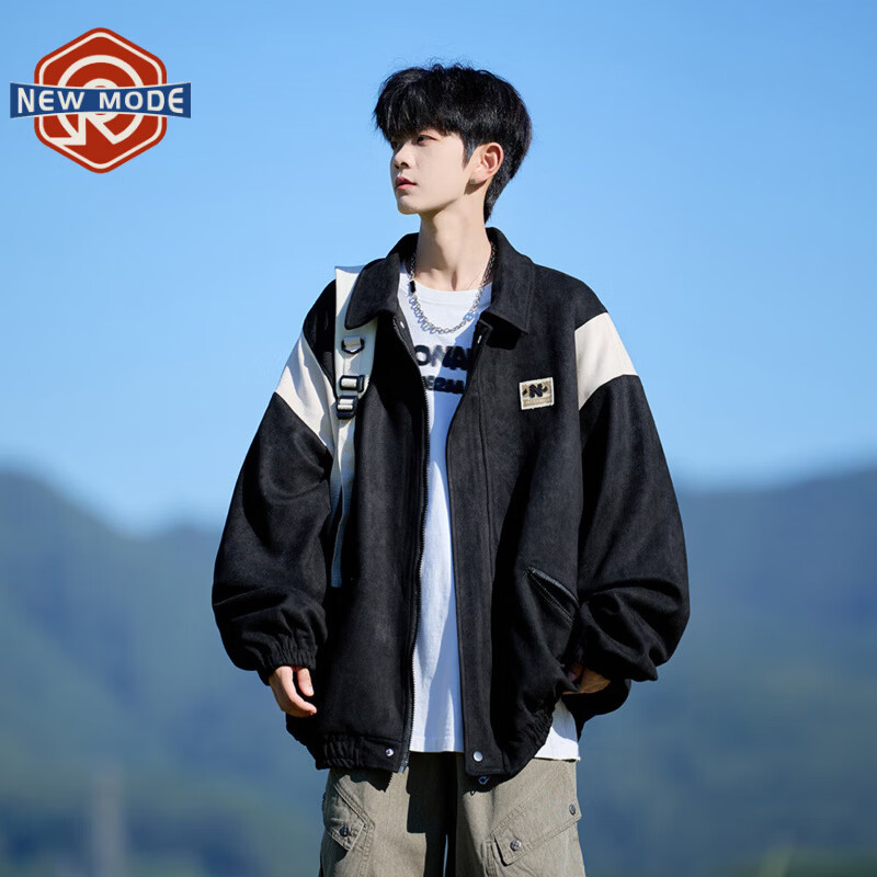 NEW OR MODE美式撞色棒球服外套男春季新款潮流宽松大码飞行员夹克休闲上衣服 黑色【高品质】 XL 【建议125-145斤】