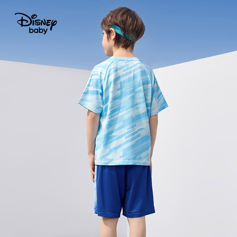 迪士尼（Disney）童装男童速干运动套装夏新款跑步儿童短袖速干两件套夏款上衣短裤 蓝色科技线条【男童】 150 高145-155cm重70-85斤