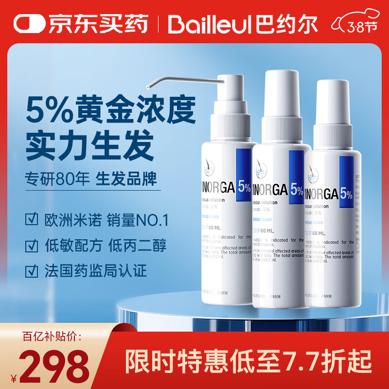 巴约尔法国小白管米诺地尔酊5%浓度生发液防脱发育发搽剂 60ml*3瓶【第二代米诺】清爽不油腻