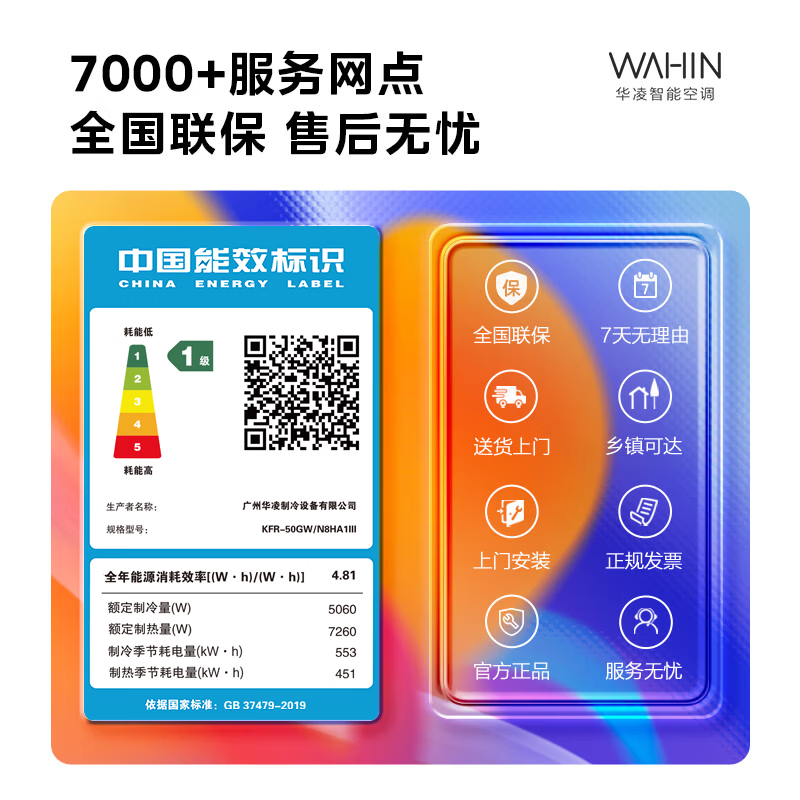 华凌空调 省电神机2匹一级能效 外机双排纯铜管变频挂机以旧换新补贴KFR-50GW/N8HA1Ⅲ