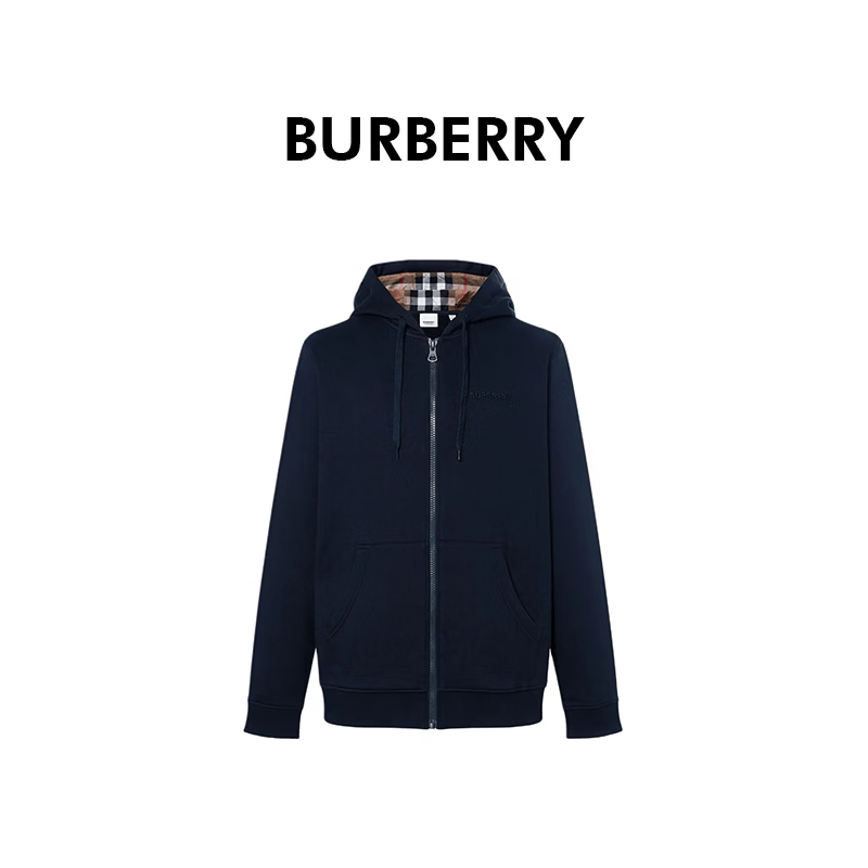 BURBERRY巴宝莉男士藏蓝色棉质字母格纹内衬连帽卫衣81136081 L父亲节