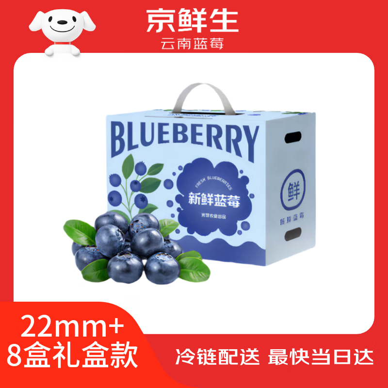 京鲜生 云南高山蓝莓 特大果22mm+ 8盒礼盒装 净重125g/盒 生鲜水果