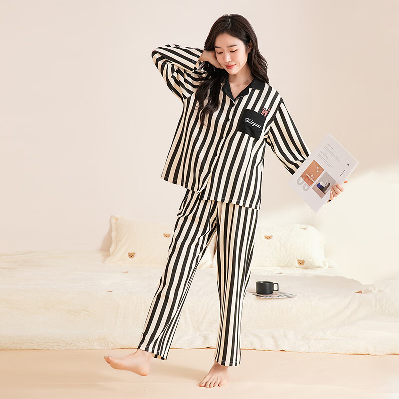 芬腾可安（FENTENGCARE）睡衣女【100%纯棉】秋冬复古条纹翻领开衫家居服女士睡衣套装 黑条 L