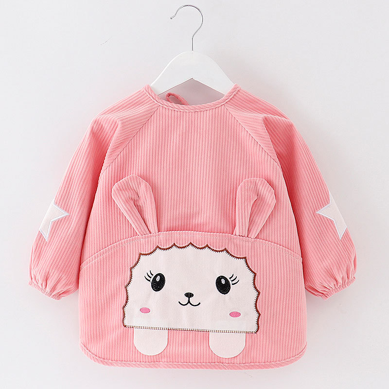 【甄选厂家】宝宝卡通罩衣围兜防水防污倒褂衣儿童反穿衣围裙秋冬 水晶条小羊西红 80码建议0-1岁