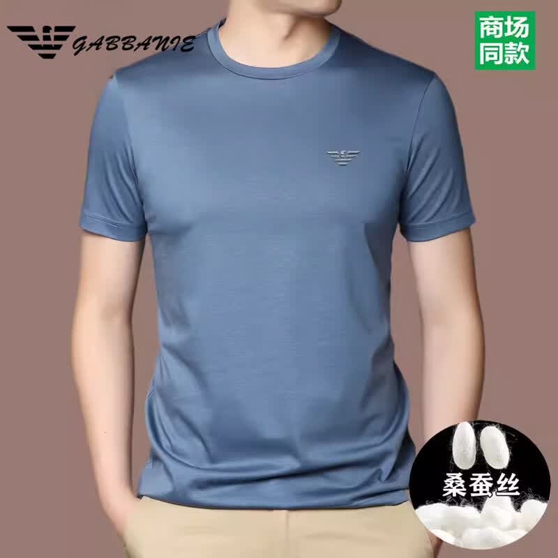 GABBANIE阿玛尼意大利正品男士短袖t恤夏季新款桑蚕丝薄款半袖男圆领冰 丝 国际一线品牌酒红圆领短袖 L 170_