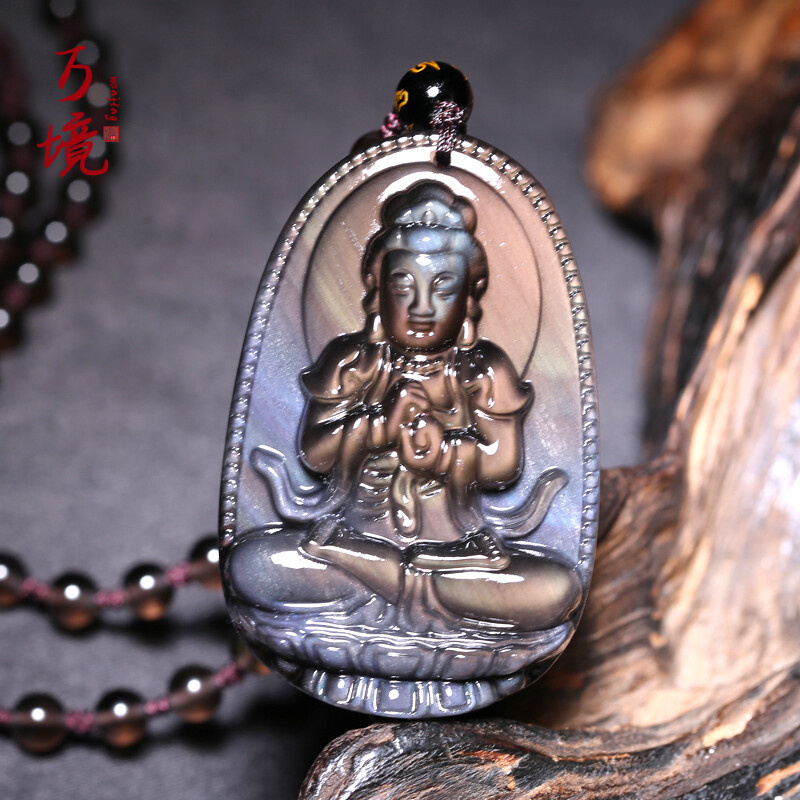 万境 大日如来菩萨属羊猴蓝金眼冰种黑曜石本命佛吊坠守护神原料品位