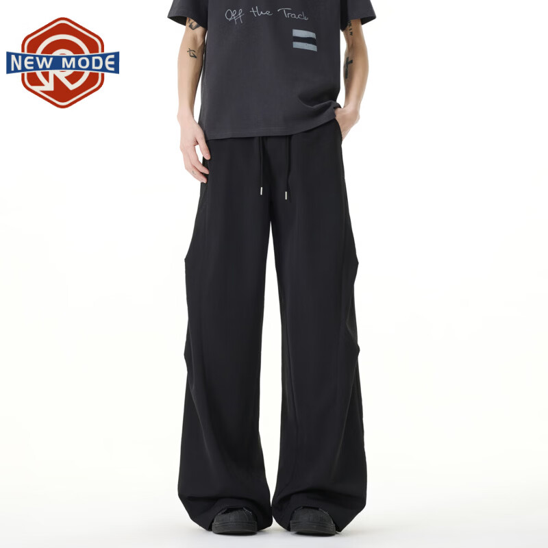 NEW OR MODE美式褶皱速干休闲裤子男夏季新款潮牌宽松直筒长裤垂感运动阔腿裤 黑色【高品质】 M 【建议90-110斤】