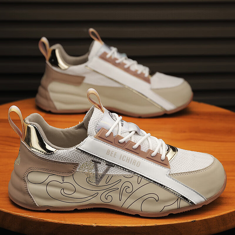 COSTENINS . COM包底男鞋春秋新款百搭厚底休闲运动鞋男士内增高网布老爹鞋男 经典米色 44