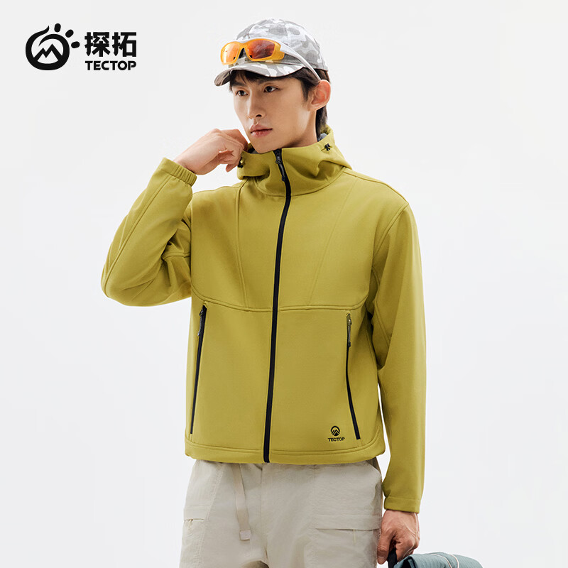探拓（TECTOP）26新款情侣软壳外套男款防风保暖连帽夹克女 沙丘绿【男女同款】 XS