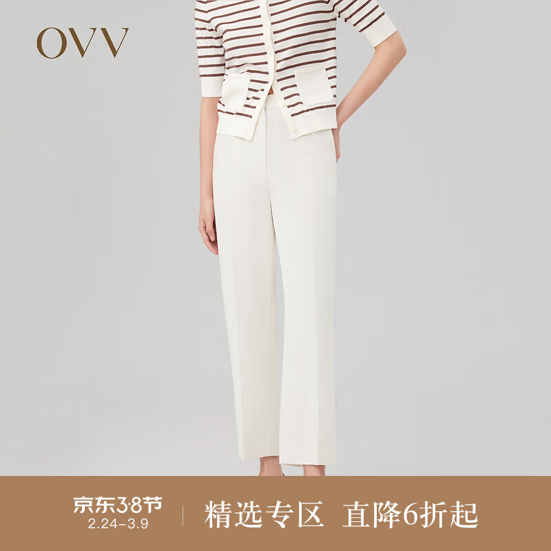 OVV2023秋冬新款女装日本进口三醋酸侧后腰松紧休闲通勤长裤 米白(净色)A4 L