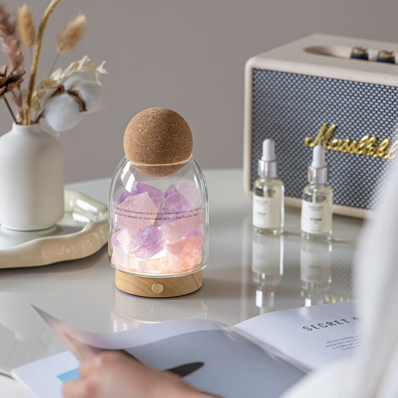 无火香薰扩香石水晶精油家用卧室内香氛小夜灯情人节生日礼物礼盒 橙盐石（充电款 三色光 明暗可调） 小苍兰 20ml 清新花香调 适中