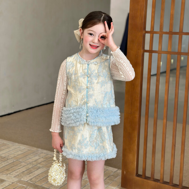 栀了成长记女童装新中式刺绣套装2026春季儿童新款国风撞色两件套 蓝色 两件套 110 cm