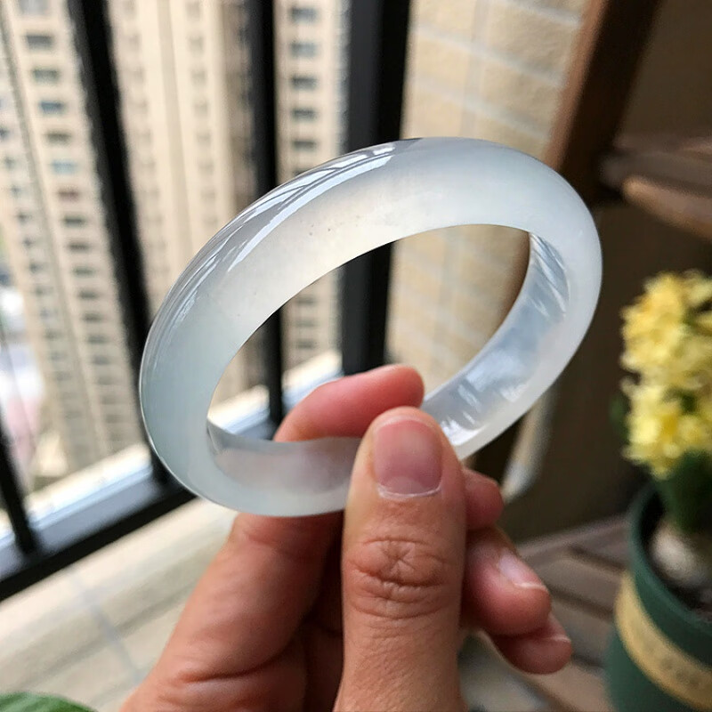 snqp手镯女翡翠白月光冰种翡翠手镯缅甸白月光老坑圆条通透玉手镯玉镯