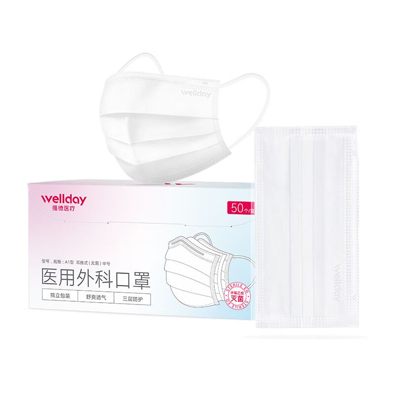 维德（WELLDAY）一次性医用外科口罩三层防病菌防花粉尘雾霾透气独立包装蓝白色 【外科灭菌】白色1盒50只