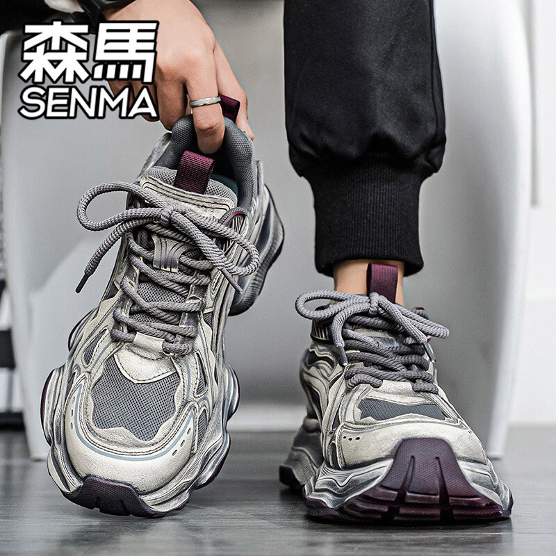 森馬红色男鞋本命年2026夏季透气网面厚休闲运动鞋男士增高做旧老爹鞋 灰红【升级款】 42 标准码数/现货秒发