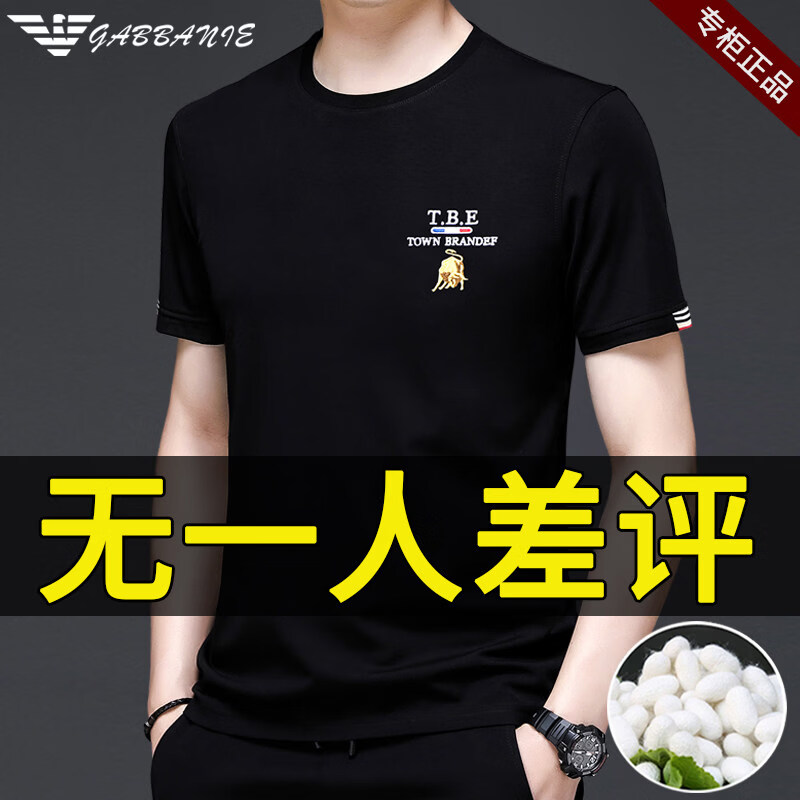 GABBANIE阿玛尼意大利正品2026新款品牌男士桑蚕丝短袖t恤夏季名牌体恤冰 国际一线品牌19368黑色 3XL 190_【建议170-185斤】