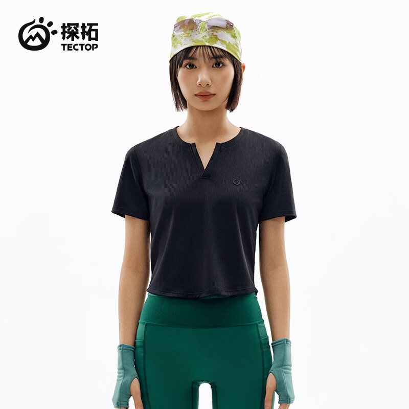 探拓（TECTOP）26新款抗菌防晒短袖女运动透气上衣凉感户外T恤 云墨黑 S