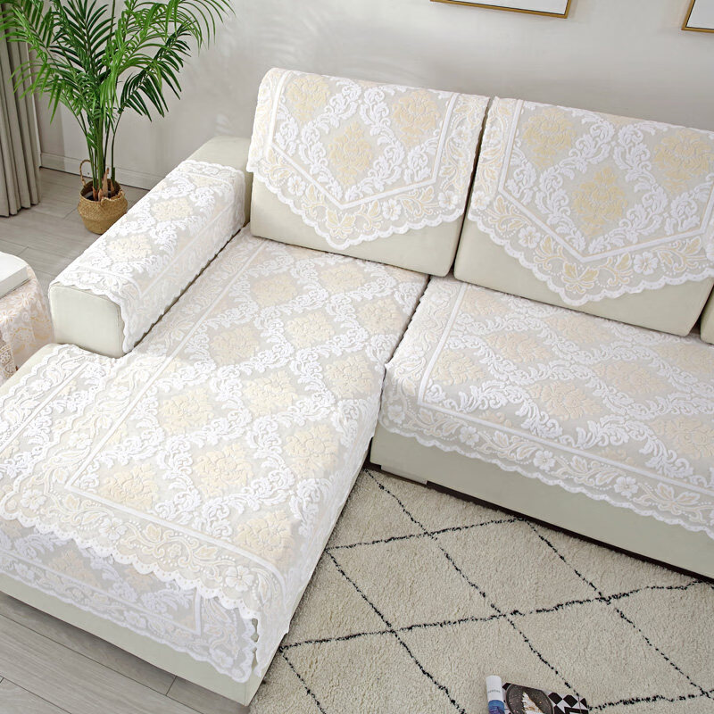 正圣单人沙发巾加厚蕾丝沙发靠背巾加厚防滑四季通用沙发扶手巾盖布 欧式花双色(黄白) 60cm*60cm 方巾