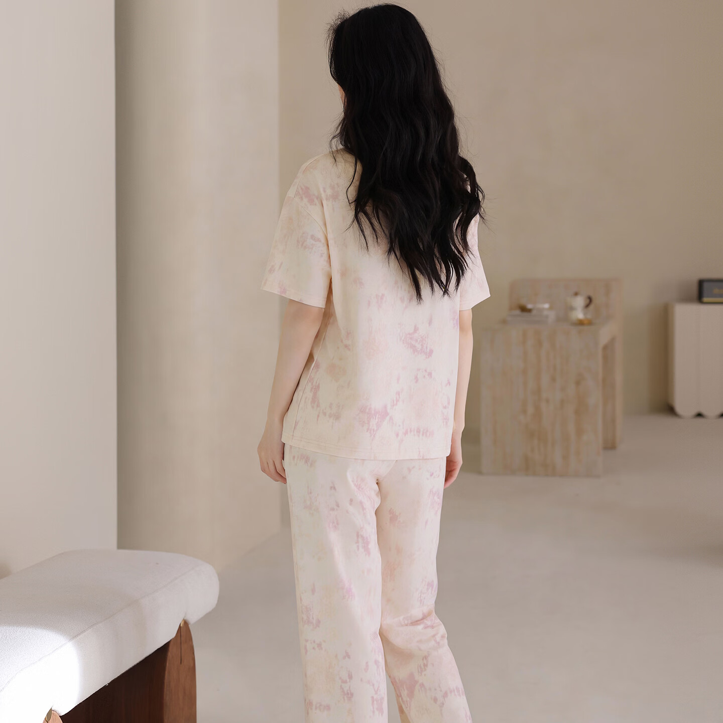 猫人纯棉100%女款带胸垫春夏季睡衣可外穿甜美可爱睡衣家居服套装 粉格苹果 【纯棉100% 自带胸垫】 2XL 【推荐体重140-160斤】