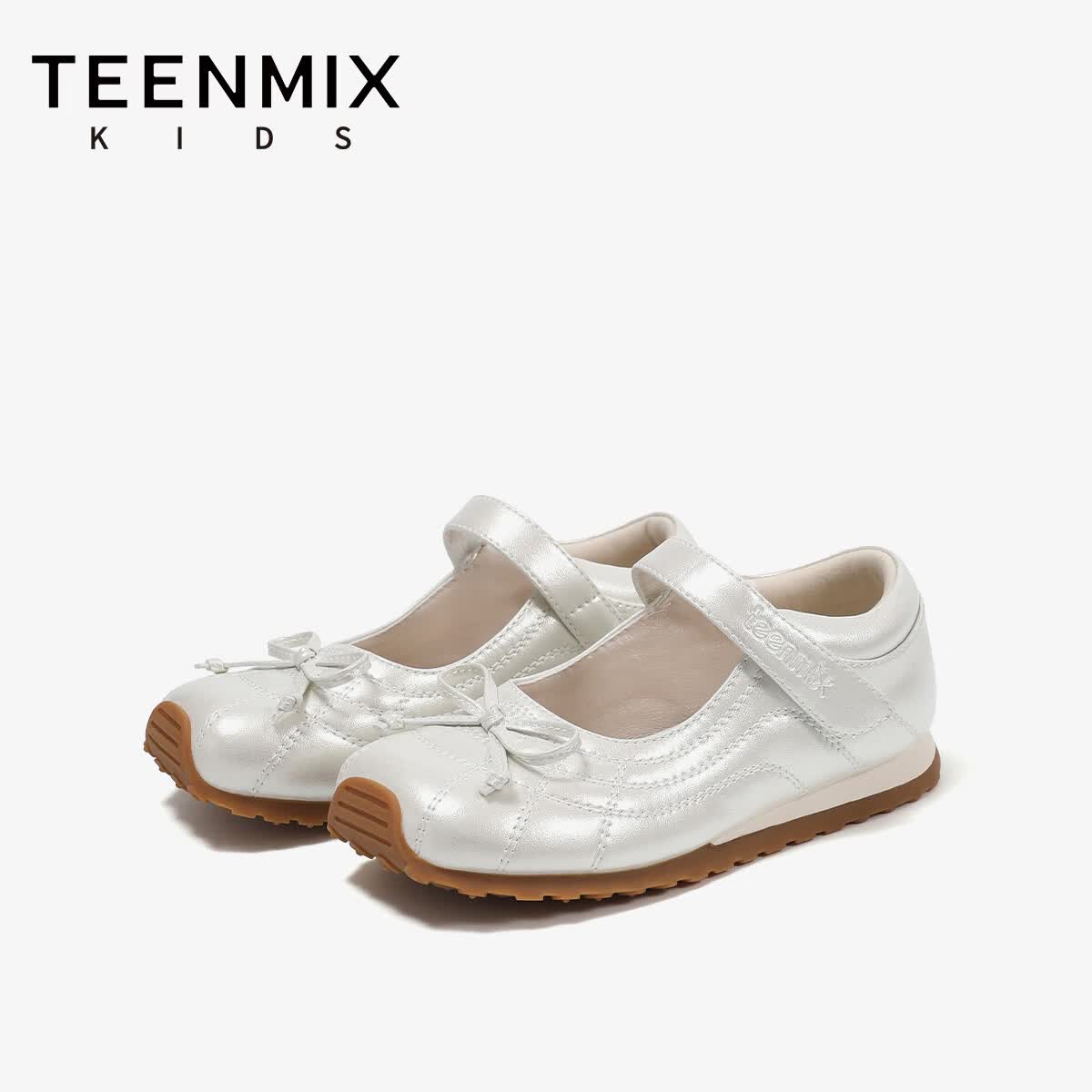 天美意（TEENMIX）童鞋2026年春季新款女童百搭魔术贴芭蕾舞鞋舒适白色小皮鞋单鞋 米色 37