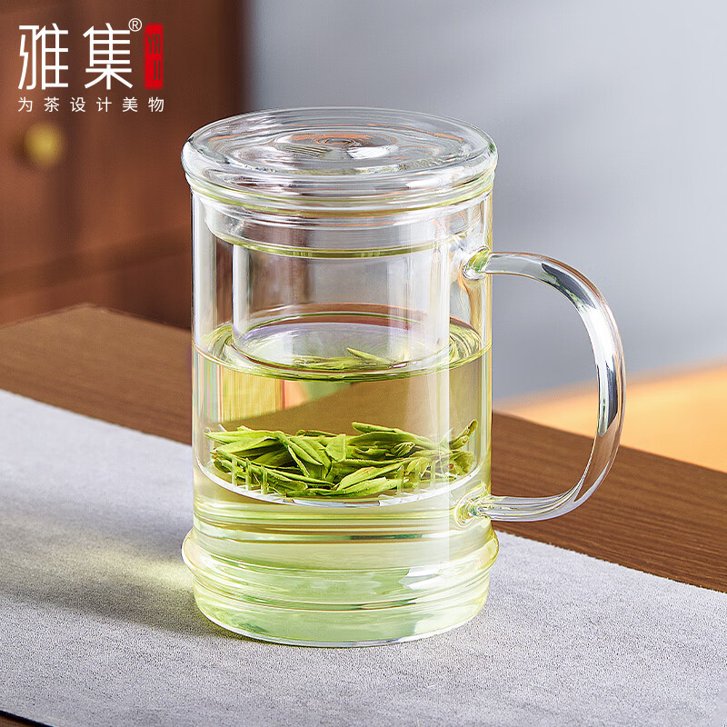 雅集2026新品墨竹杯透明耐热玻璃杯加厚男女办公茶水分离泡茶杯500ml