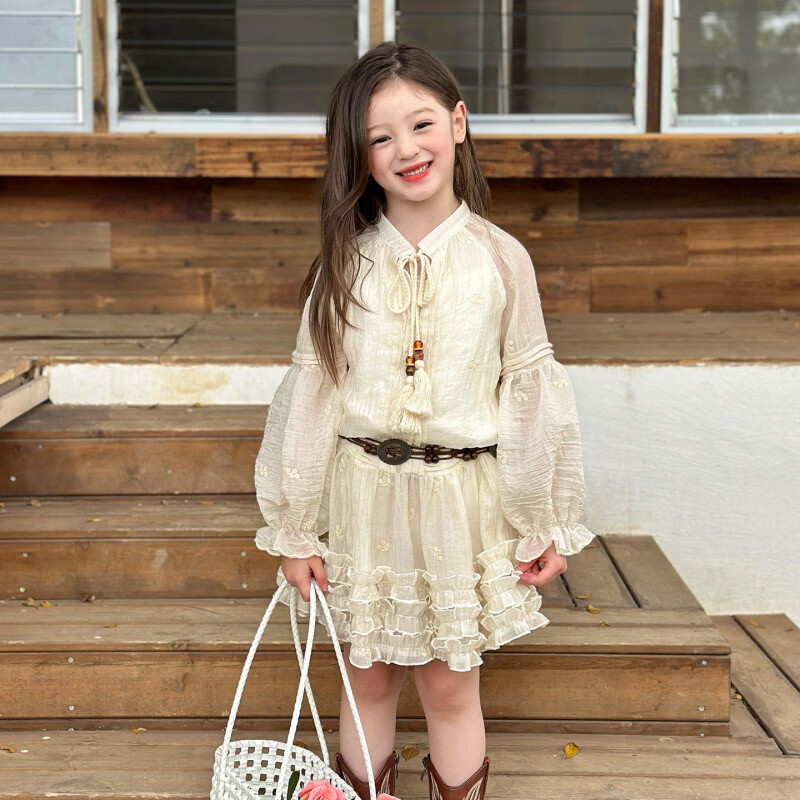 栀了成长记童装女童复古风时髦连衣裙2026春季儿童新款长袖花边裙 杏色 连衣裙 100 cm