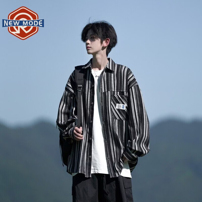 NEW OR MODE美式条纹长袖衬衫男春季新款高级感痞帅上衣潮流宽松休闲衬衣外套 黑色【高品质】 M 【建议90-110斤】