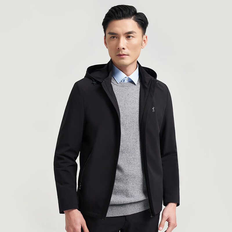 才子（TRIES）夹克外套男士商务行政连帽夹克品牌LOGO纯色户外上衣百搭通勤外套 黑色 XL (175/92A)
